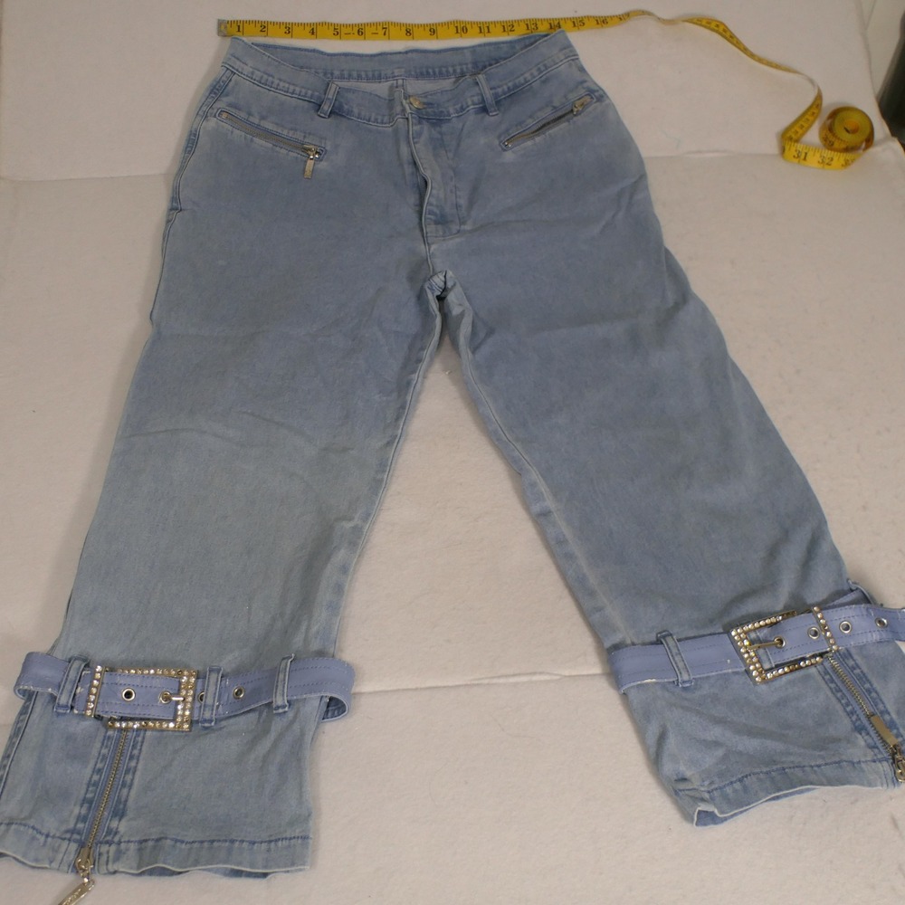 Lafei-Nier‎ Womens Capri Jeans 32 Light Blue Y2K Rhinestone Buckle Ankle Zip